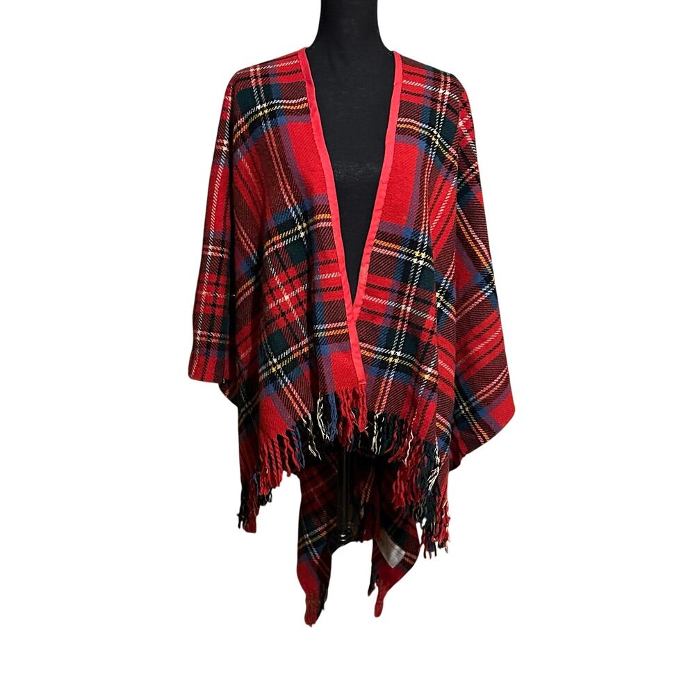 Murray Brothers Scottish Wool Plaid Shawl Wrap Ruana Cape Red Tartan Fringe